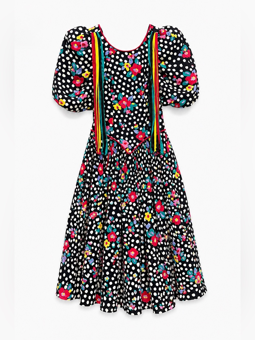 Vintage Leslie Lucks Floral Polka Dot Puff Sleeve Ribbon Dress Small